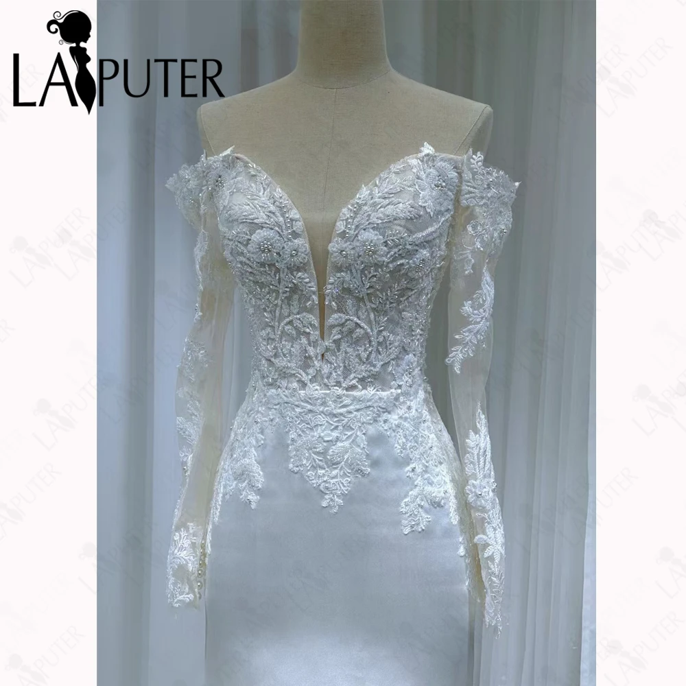 

Ivory Satin Mermaid Bridal Wedding Dresses Embroidery Lace Beaded Bride Dress Off Shoulder Long Sleeves Bride Wedding Prom Gown