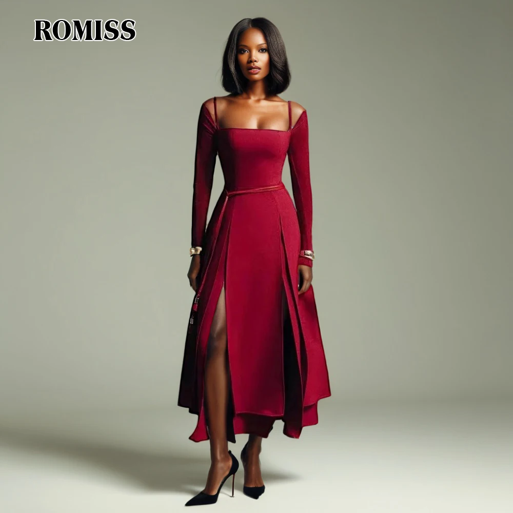 Romiss sólido emagrecimento dividir vestidos longos para mulheres pescoço quadrado manga longa cintura alta temperamento vestido moda feminina nova