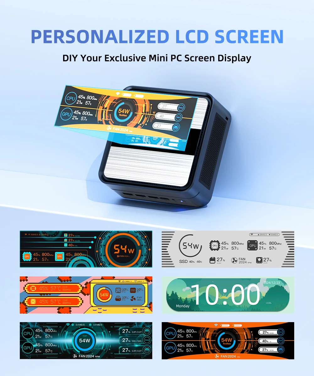 YCTipc  Computer Mini PC AMD AMD Ryzen 5 6600U LPDDR5 PCIe 4.0 SSD Mini LCD 3.38 inch Screen Desktop Window 11 WiFi 6 BT5.2 Tipo