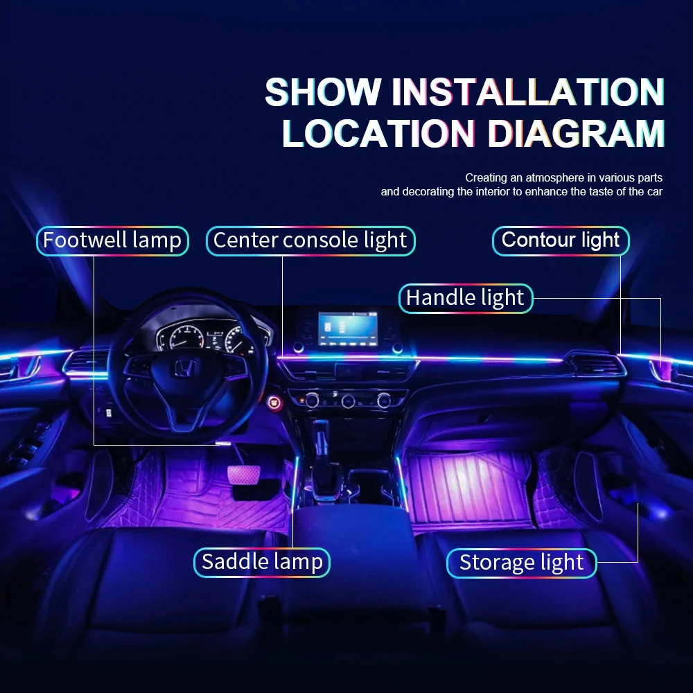 Streamer a todo Color 22 en 1, luces ambientales para coche, RGB, 64 colores, LED Universal, tira acrílica oculta Interior, lámpara de ambiente sinfónico