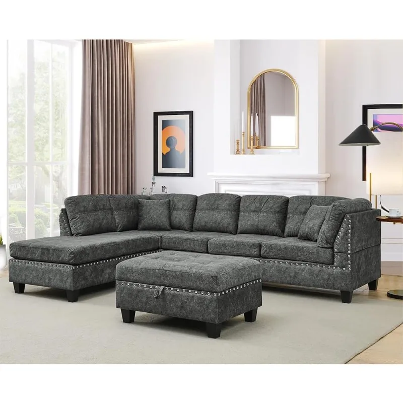 Living Room Furniture Sets,Sectional Sofa with Storage Ottoman,L-Shaped 2 Pillows&Extra Wide Reversible Chaise