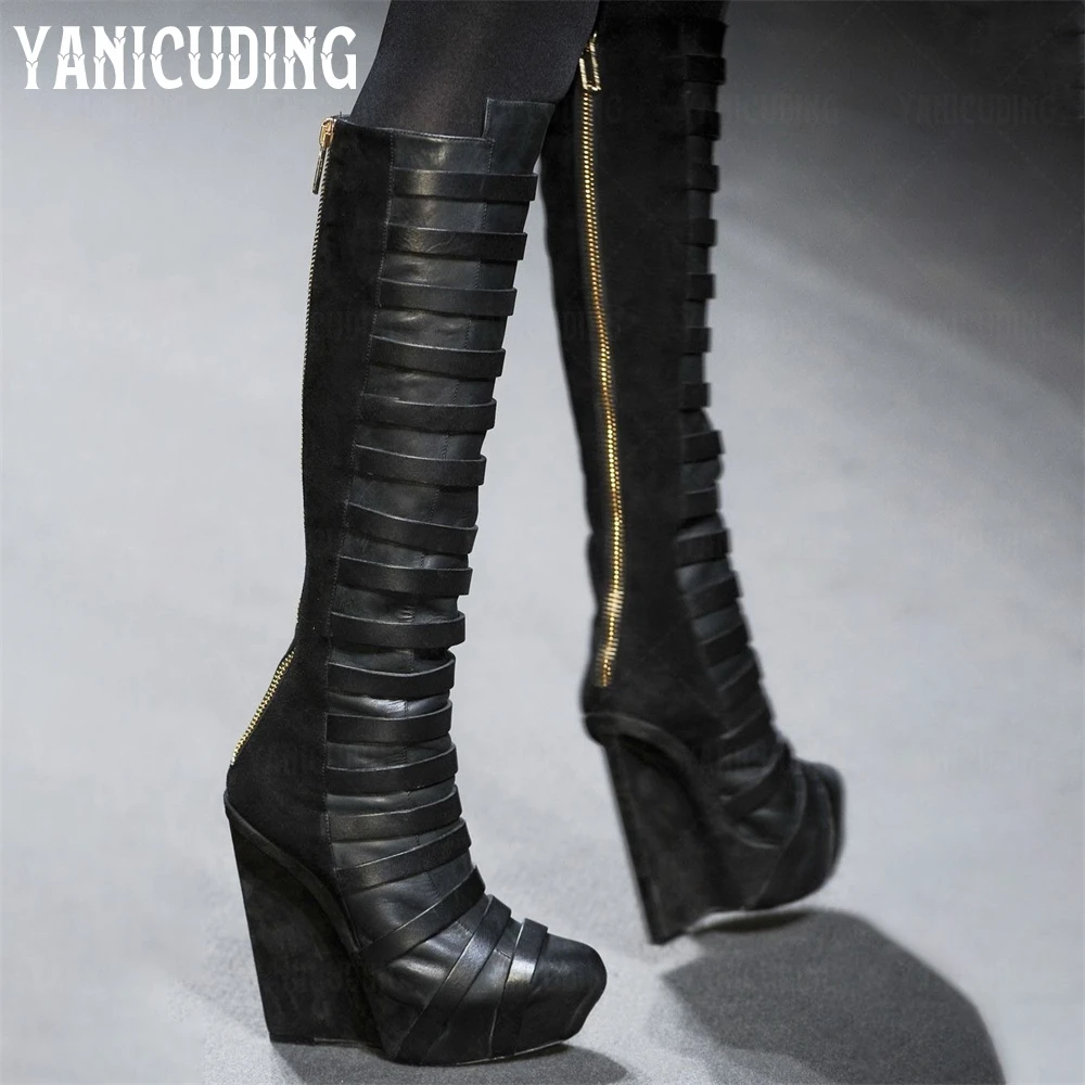 

Black Suede Leather Wedge Boots Multiple Straps Zipper Boots Fashion Style Platform Round Toe Handmade Knee High Boots for Women