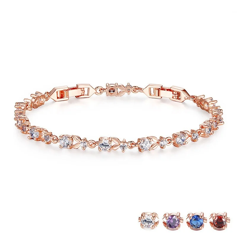 10 color Luxury Slender Rose Gold and  Silver Plated Bracelet with Sparkling 5 Style Cubic Zirconia Stones to Choice