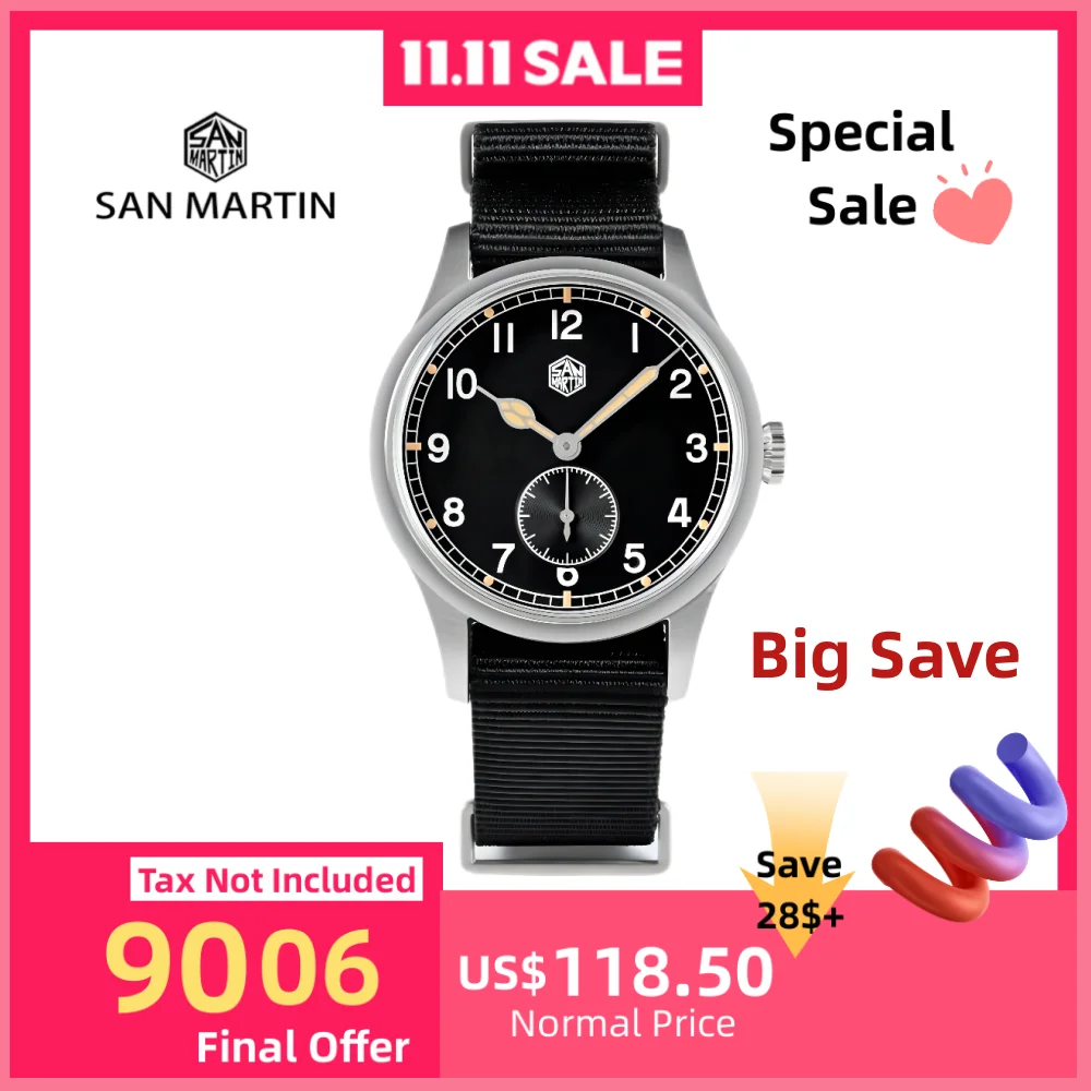 

San Martin 36 мм пилотные кварцевые часы RONDA 6004 VH31 для мужчин наручные часы нейлоновый ремешок светящиеся военные Orologio Uomo 10 бар SN0105XA