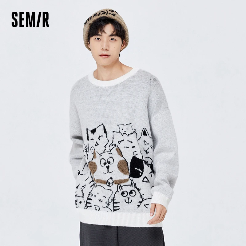 Semir เสื้อสเวตเตอร์2024ใหม่สำหรับผู้ชาย, เสื้อคอกลมเปิดไหล่ฉบับภาษาเกาหลีแมวทันสมัยทรงหลวมเสื้อกันหนาวแบบถักฤดูหนาว