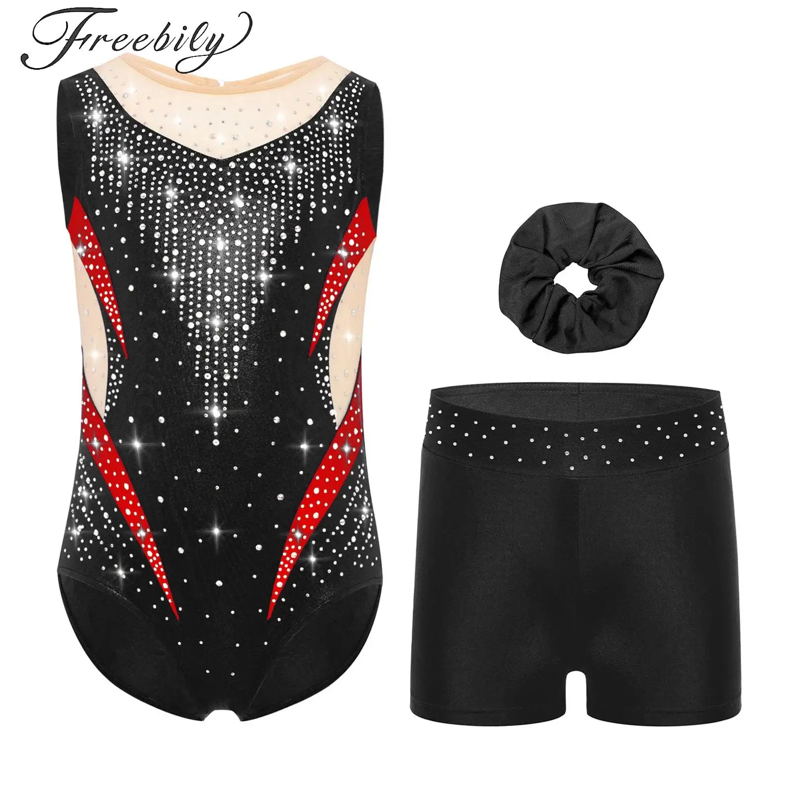 

One-piece Gymnastics Leotards for Girls Sleeveless Rhinestones Athletic Dance Leotard Unitards+Tumbling Shorts Set Activewear