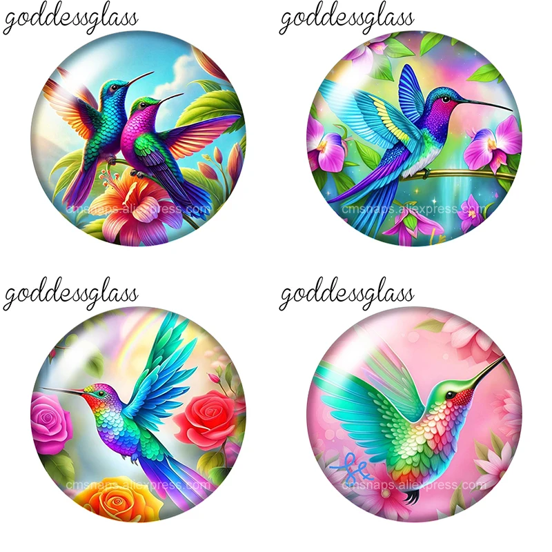 Flying Hummingbird Flowers 10pcs 12mm/18mm/20mm/25mm Round Photo Glass Cabochon Flat Back Making Findings DIY Snap Buttons