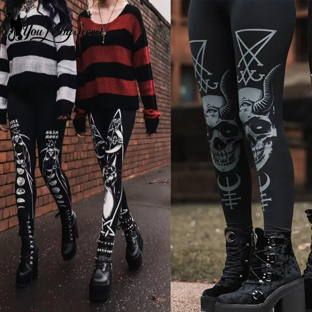 [Du bist mein Geheimnis] Gothic-Leggings für Frauen Ouija Workout Yoga-Hose Hose Dark Black Cat Skull Leggins Devil Satan Leggings