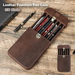 Luxury Leather Fountain Pen Case 3-6Slots Pull-out Type Fountain Pencil Collect Retro Box Cute Office School Stationery Supplies