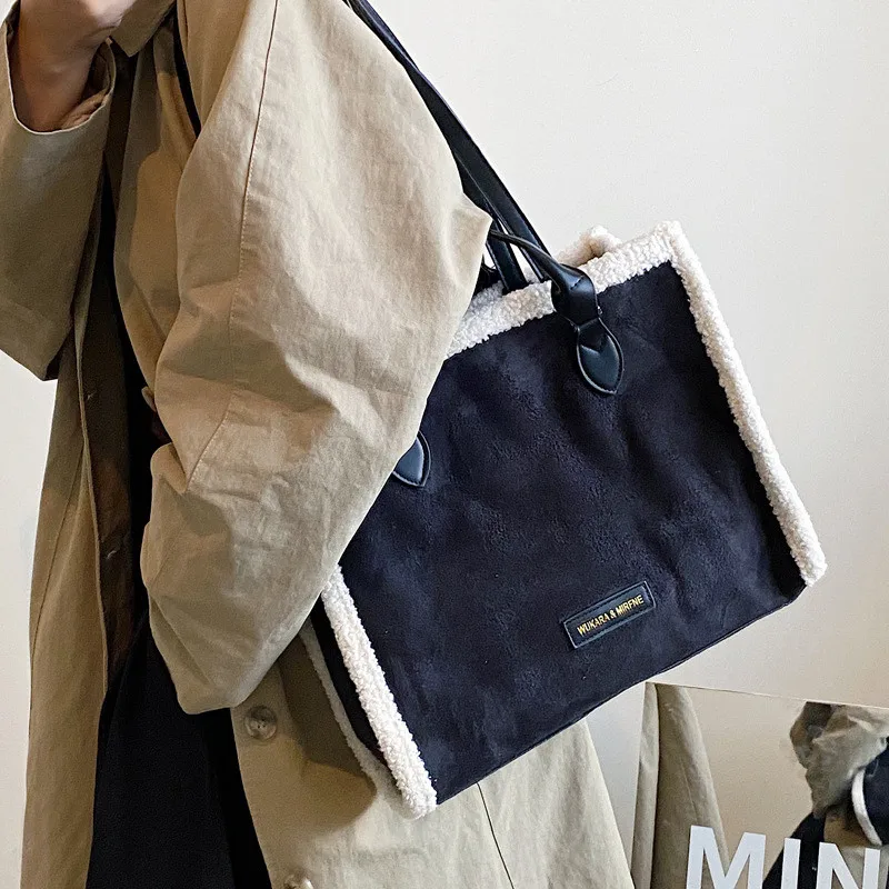 Fashion Wool Handbag Large capacity Female Big Totes Quality Ladies Shoulder bags Soft PU leather Vintage Tote Bag composite bag