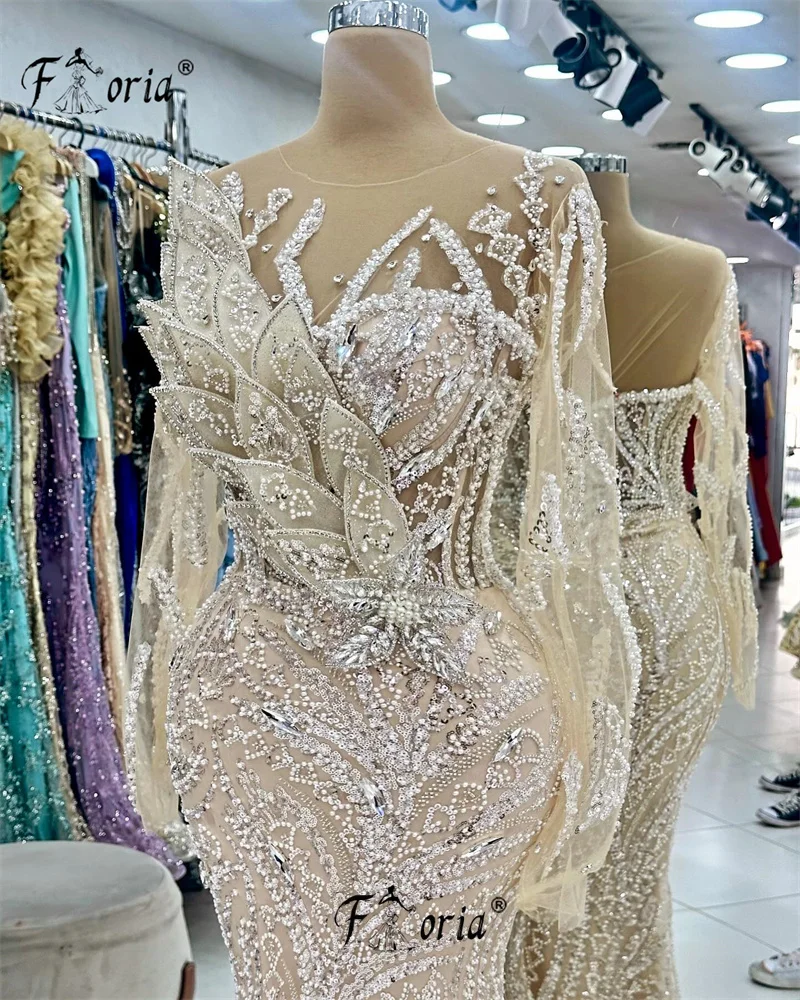 Vestido de fiesta de sirena con apliques de perlas para mujer, vestido de noche de manga larga, vestidos de graduación, vestidos de evento formales árabes, cerimonia