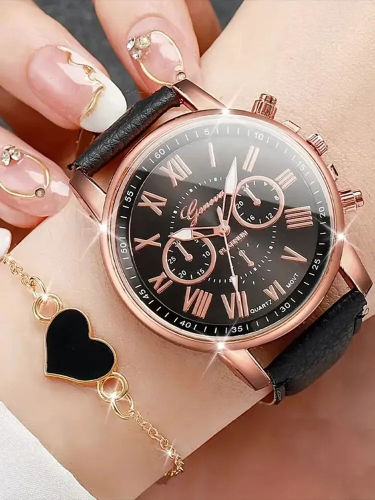 4pcs Fashionable, Minimalist, and Versatile Set for Men and Women, Paired with Quartz Watches and Heart-shaped Bracelets