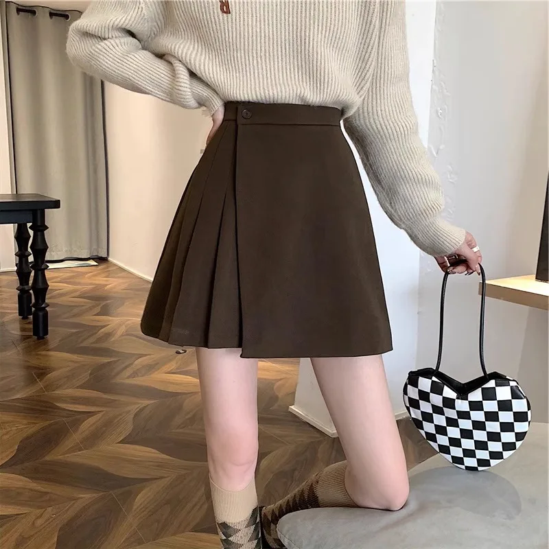 

Woolen pleated short skirt pear shaped figure plus plus size plus mm winter outfit sweater Maillard midi skirt for women