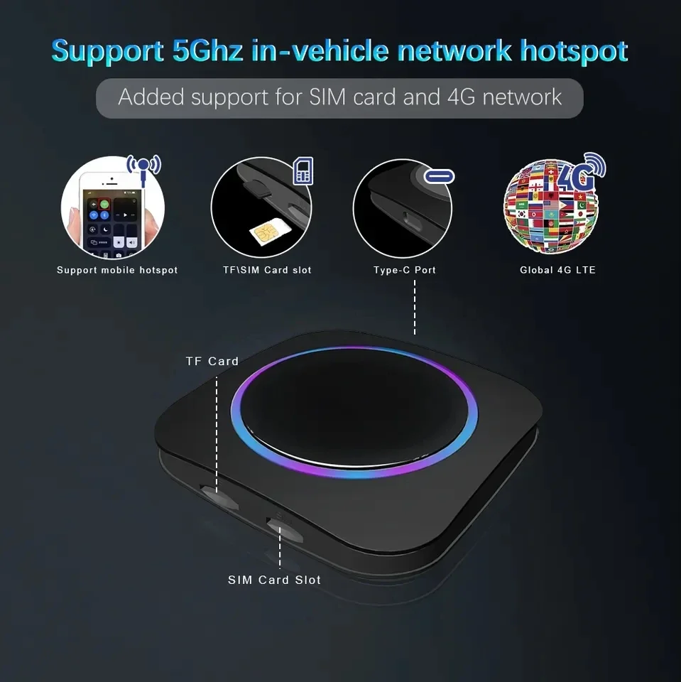 RGB light carplay ai box android 13 carplay wireless adapter for universal auto car box with HD SIM card port