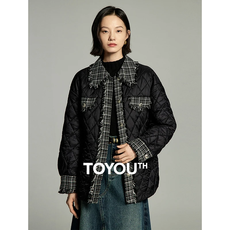 Toyouth Women Thick Coat 2024 Winter Long Sleeve Lapel Loose Jacket Tweed Splicing Elegant Black Beige Cotton-padded Clothes