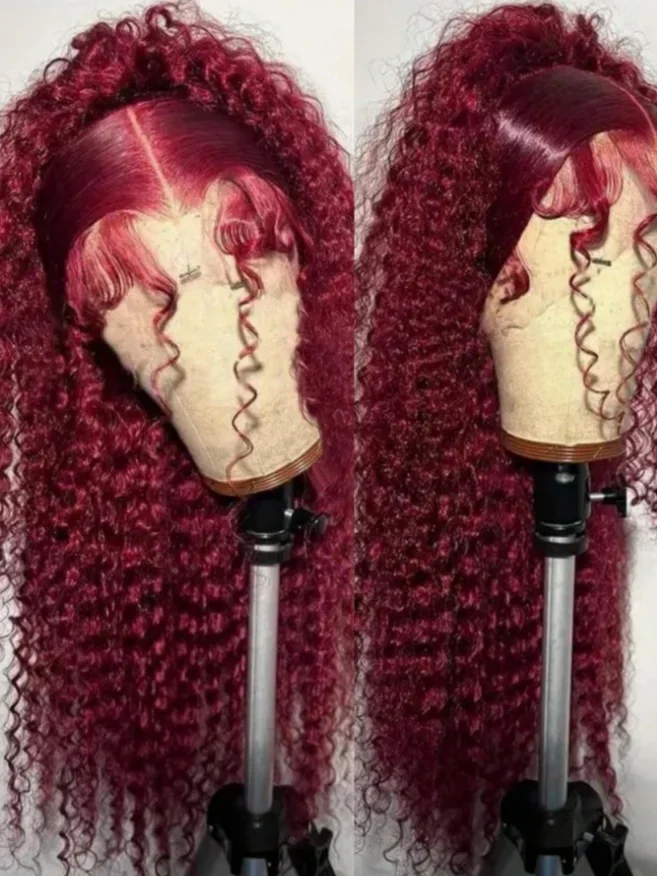 

34 Inch Burgundy 99j Deep Wave Frontal Wig Colored Curly Human Hair Wigs 200 180 Density 13x4 Hd Lace Frontal Human Hair Wigs