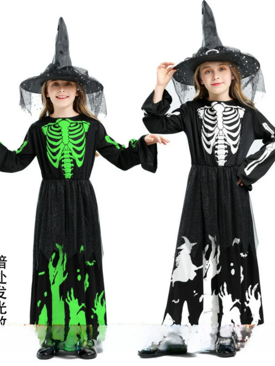 أزياء الأطفال التأثيرية المتوهجة لمرحلة الأداء الساحرة الهيكل العظمي شبح الشيطان loween Par eup الزي الجنية T موضوع