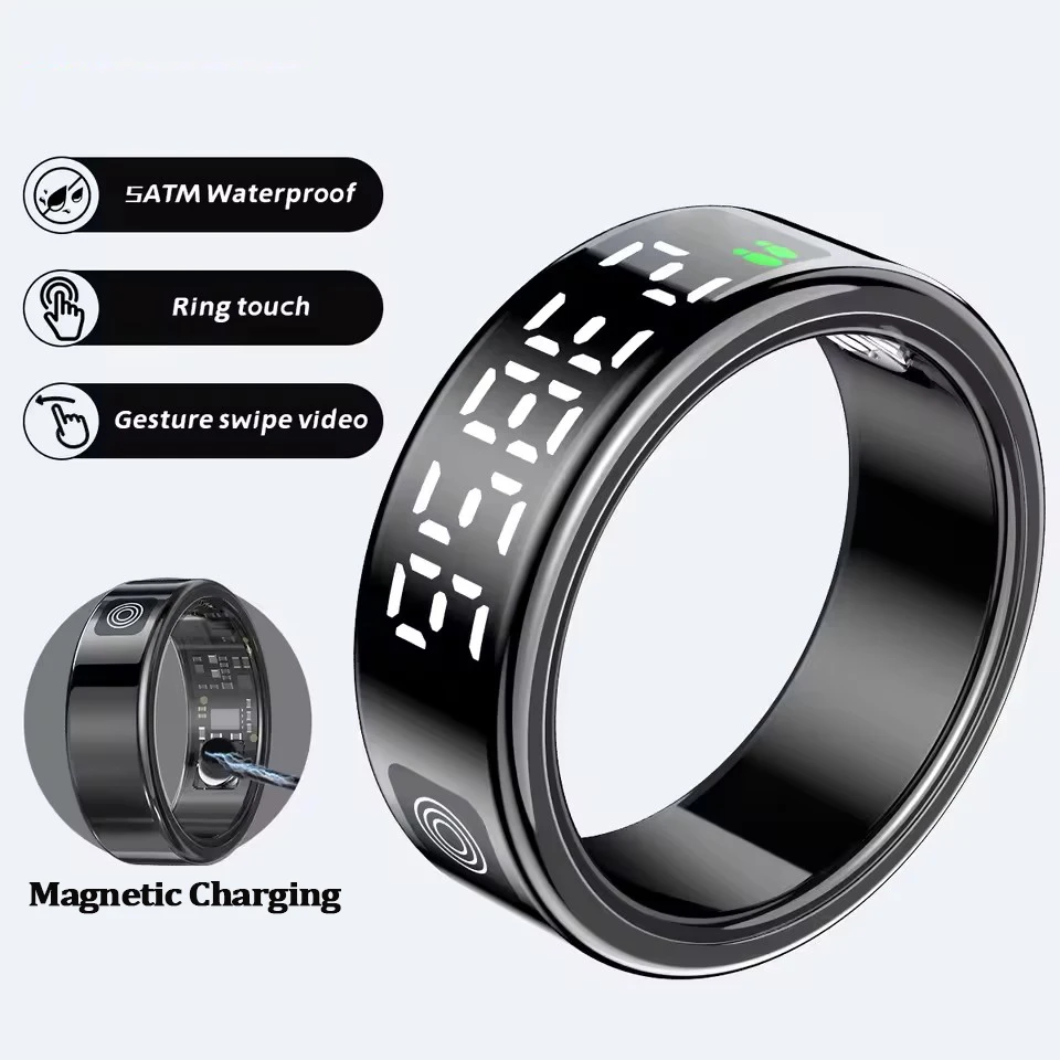 2026 Smart Ring mit Display und Touch-Funktion, kabelloses Laden, Gesundheitsmanager, 5 ATM wasserdicht für Herren und Damen Ringe R12 R11