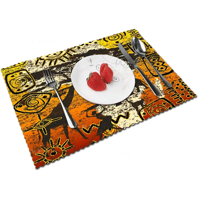 African Tribe Animals Savannah Theme Cultural Art Grunge Bohemian Afro American Women Polyester Fabric Placemat