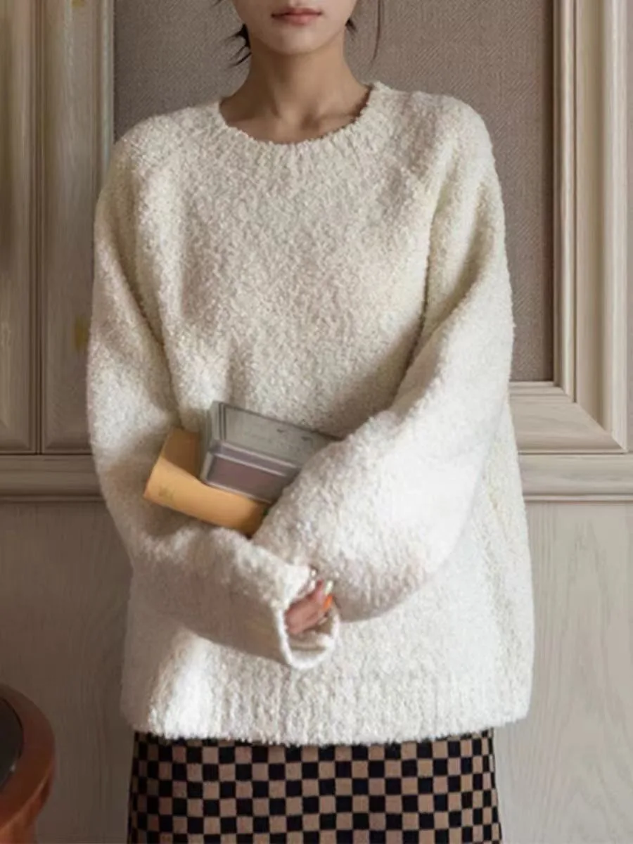 

Cozy Thiened Long Sve round Ne Knitted Sweater Women's Autumn Winter Lazy Sle Versatile Warm Loose Fit Knitwear
