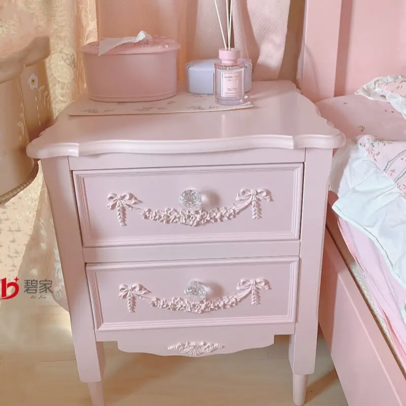 

French carved style solid wood bedside table,chest cabinet, dopamine girl heart, bedroom locker, bedside cabinet, bucket cabinet