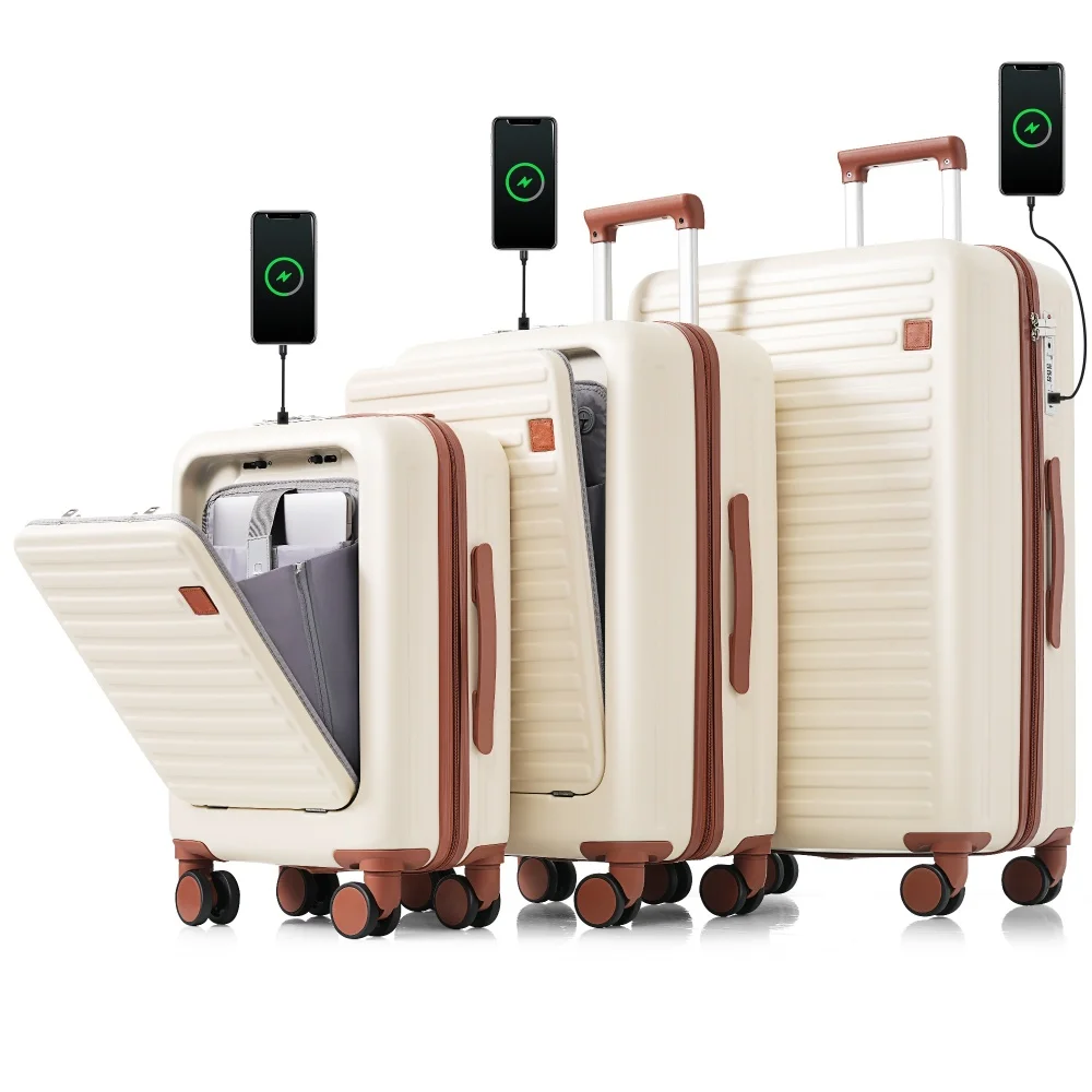 

ABS Hard Shell Luggage Set 3 Piece 20/24/28 Inch with USB Cup Holder Front Opening Ivory Brown Travel Suitcase
