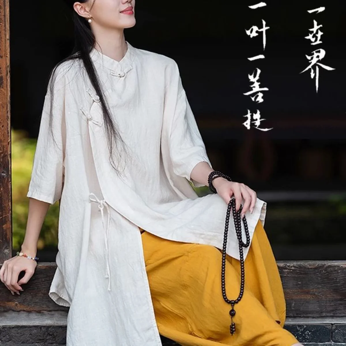 Chinese Style Women Lay Buddhist Clothing Frog Button Pullover Top Ordained Master Taoist Robe Meditation Suit Temple Attire