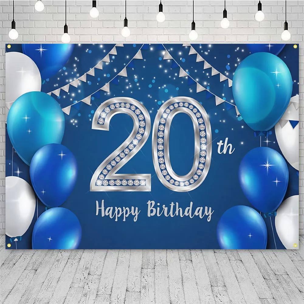 Happy 20th Birthday Backdrop Banner Navy Blue Silver Glitter 20 Years Wedding Anniversary Party Decorations for Women Men