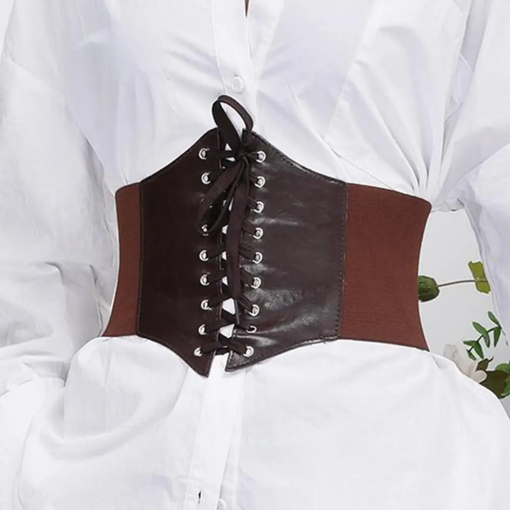 Women Corset Belts Lace-up Wide Elastic Waist Belt Faux Leather Slimming Body Waistband Dress Shirt Corset Female Cummerbunds