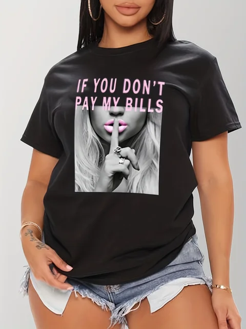 T-shirt z nadrukiem Shut Up, swobodny top z krótkim rękawem i okrągłym dekoltem na lato i wiosnę, odzież damska