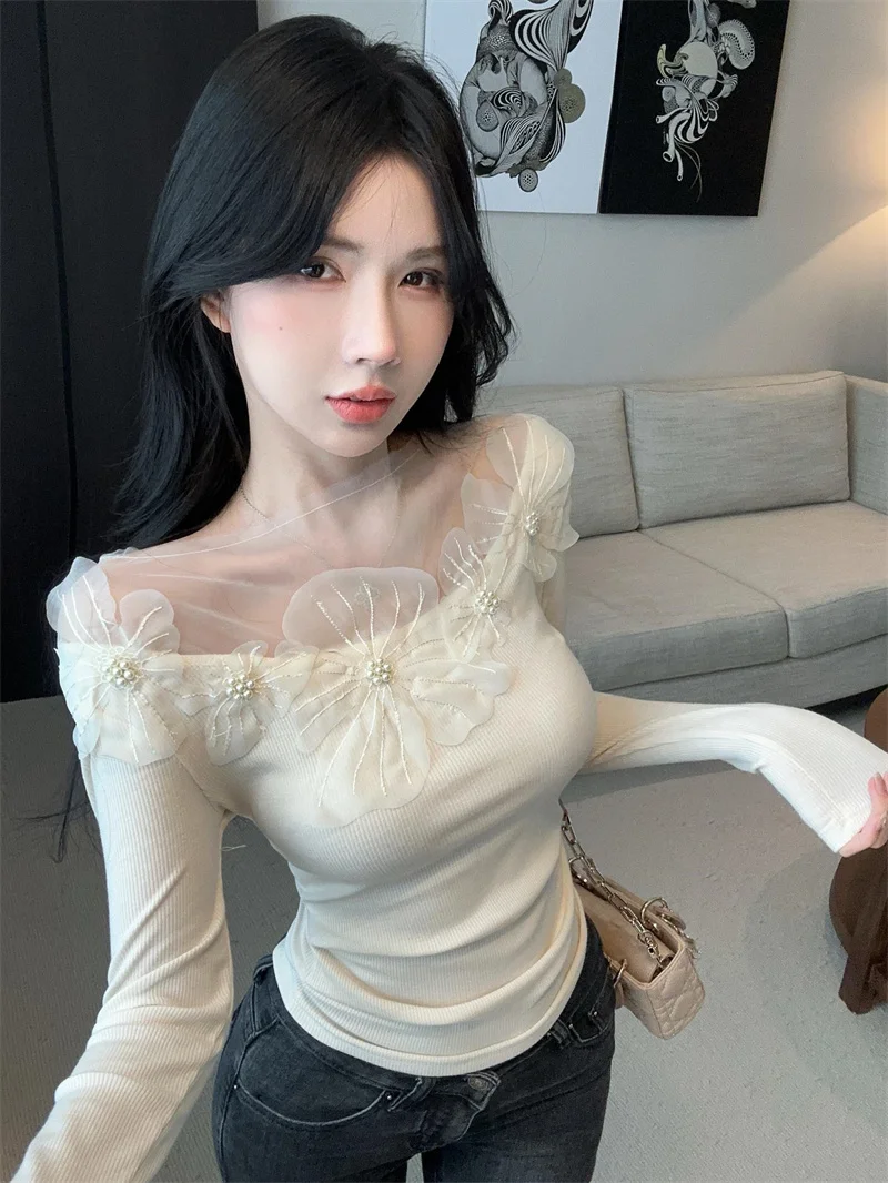 

Ladies' Slim Fit Long Sleeve Lace Knitted T-Shirt One Shoulder Style Inner Wear Base Shirt Top for Autumn Winter Fashion