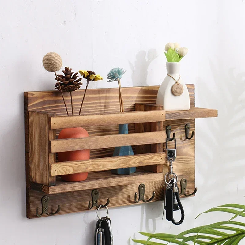 1pc Vintage Mails Holder Rack with Hooks Wall Mounted Wood Shelf Storage Tray Sorting Letters Keys Hat Bag Coat Towel Sundries