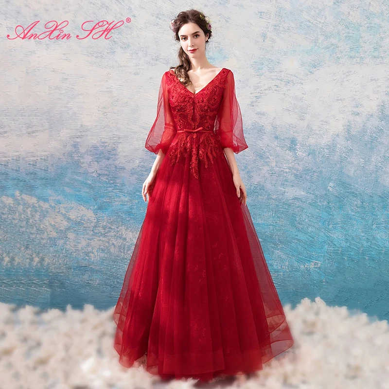 

AnXin SH princess red lace party vintage v neck beading pearls little bow a line long sleeve bride host evening dress 882Q