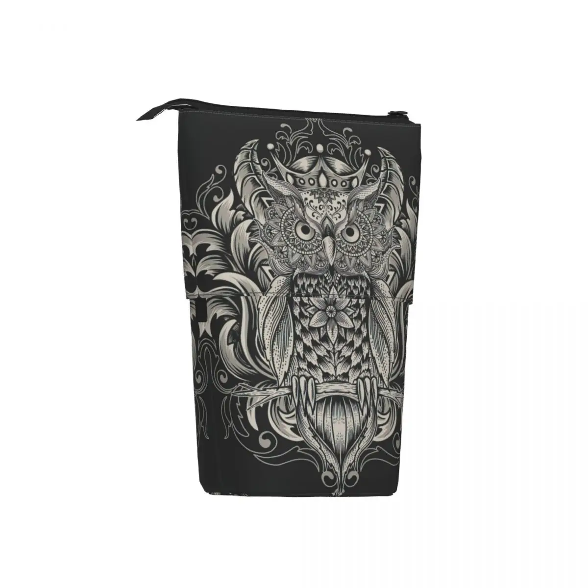 Owl Bird With Mandala Ornament Style Pen Box Student School Zipper Pen Bag Pencase Vertical Retractable Pencil Case