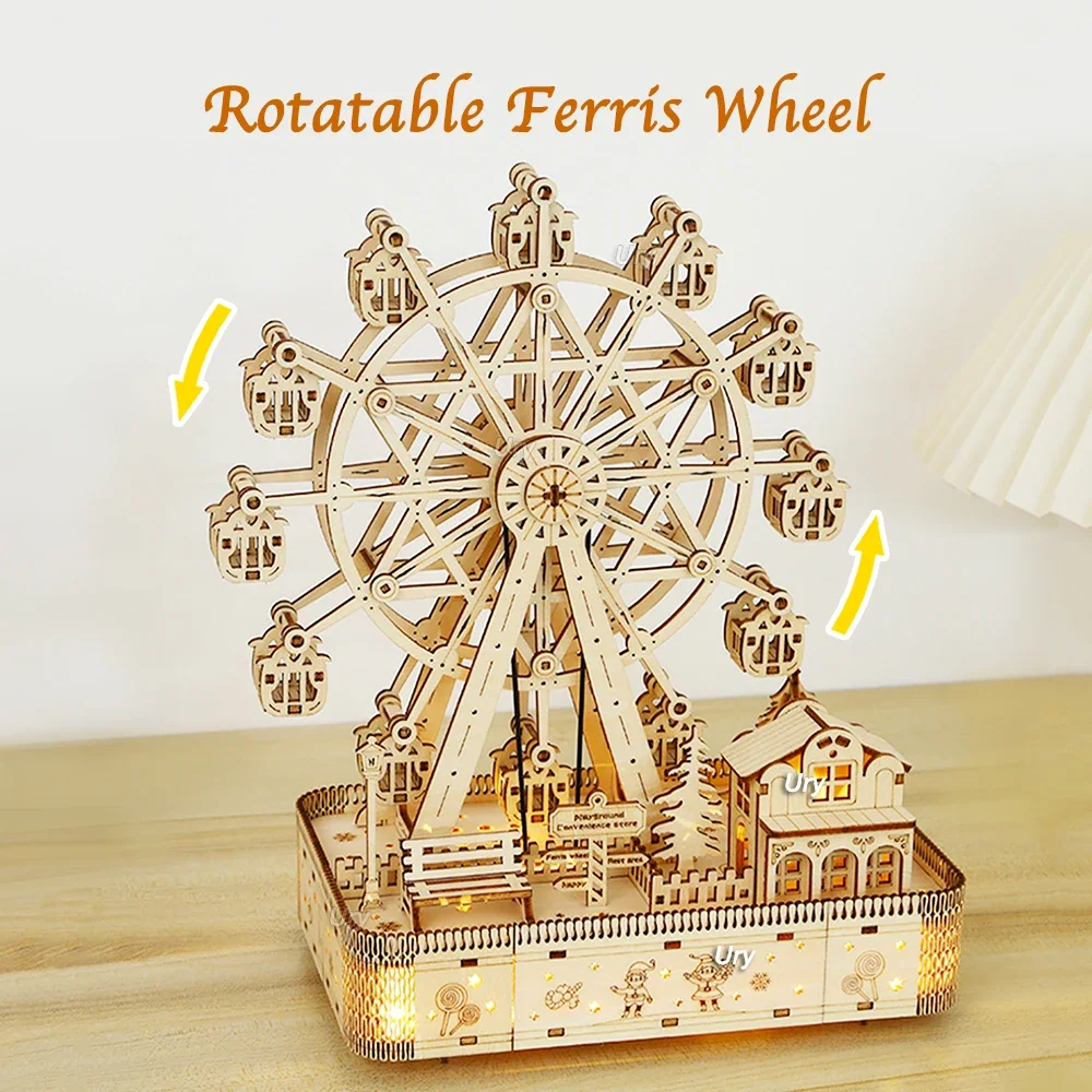 Ury 3D Wooden Puzzles Led Rotatable Ferris Wheel Music Octave Box Model Mechanical Kit Assembly Decor DIY Toy Gift for Kid Adult