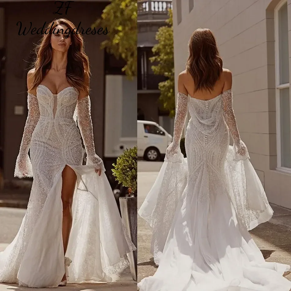 Personalizado mangas compridas sereia vestidos de casamento fora do ombro rendas vestidos de noiva novia