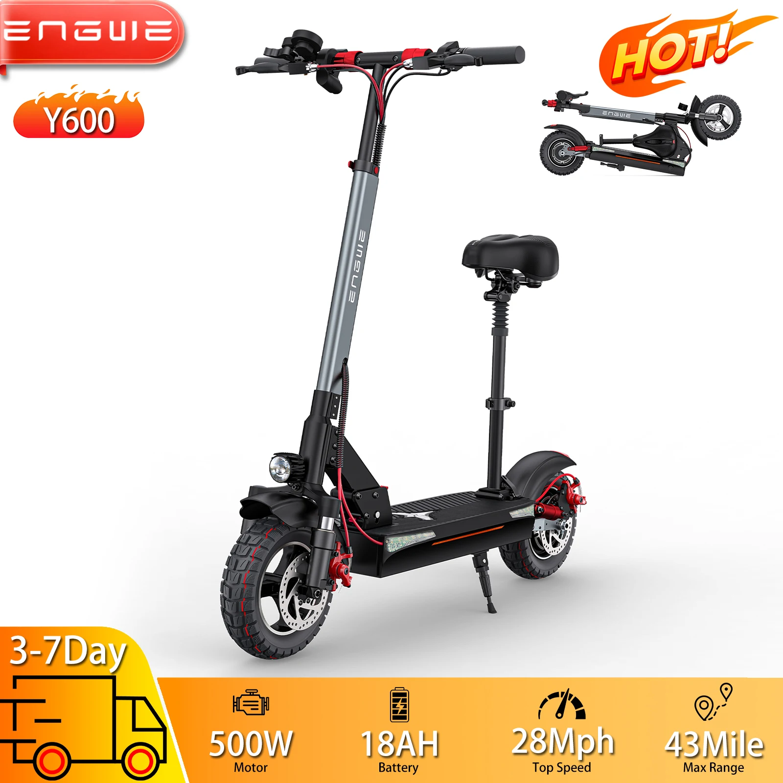 

Electric Scooter ENGWE Y600 10" 500W Motor Top Speed 28Mph Electric Scooter With Seat 48V 18AH Max Range 43Miles Load 150KG New