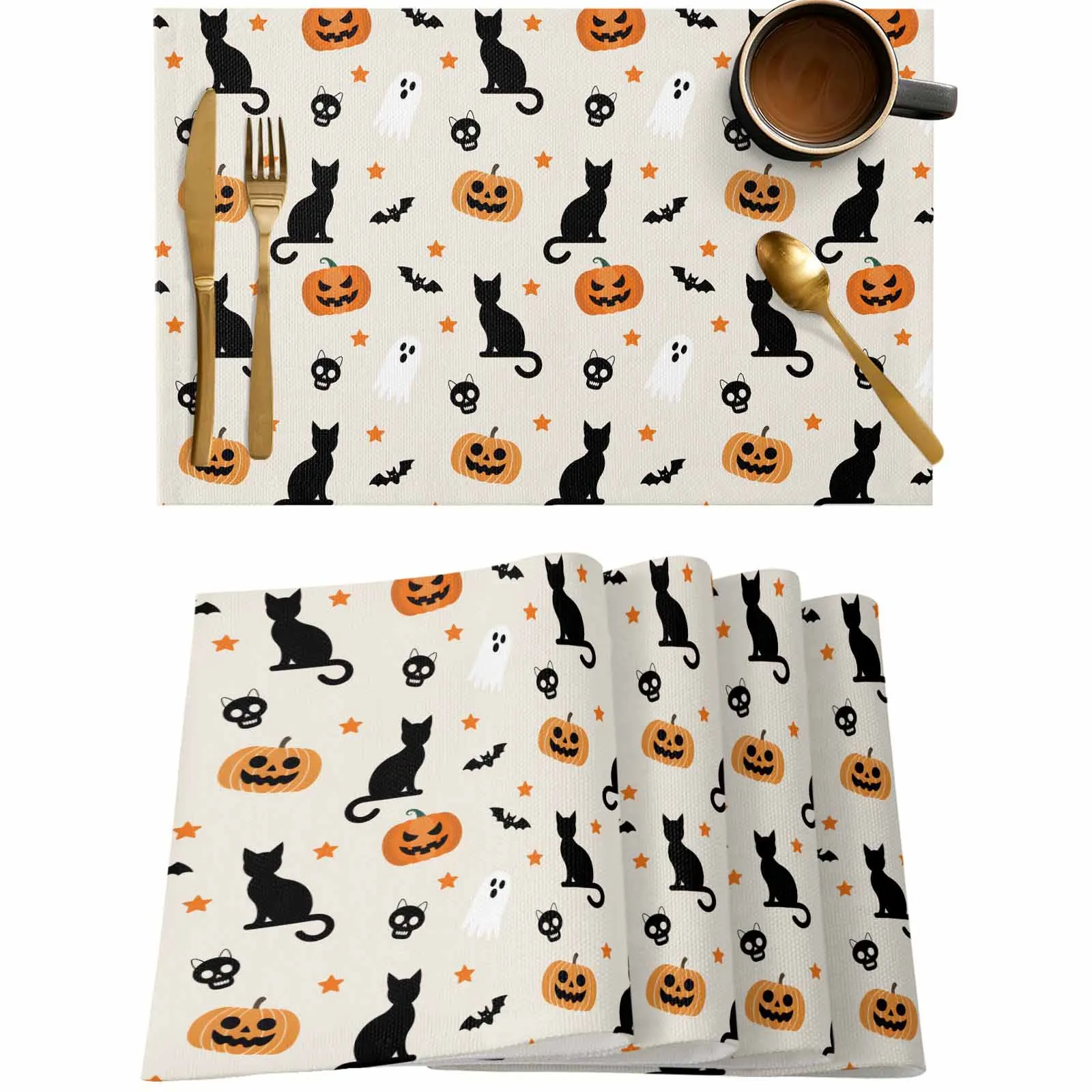 

4/6 Pcs Halloween Cat Pumpkin Ghost Bat Placemat Wedding Party Dining Decor Linen Table Mat Kitchen Accessories