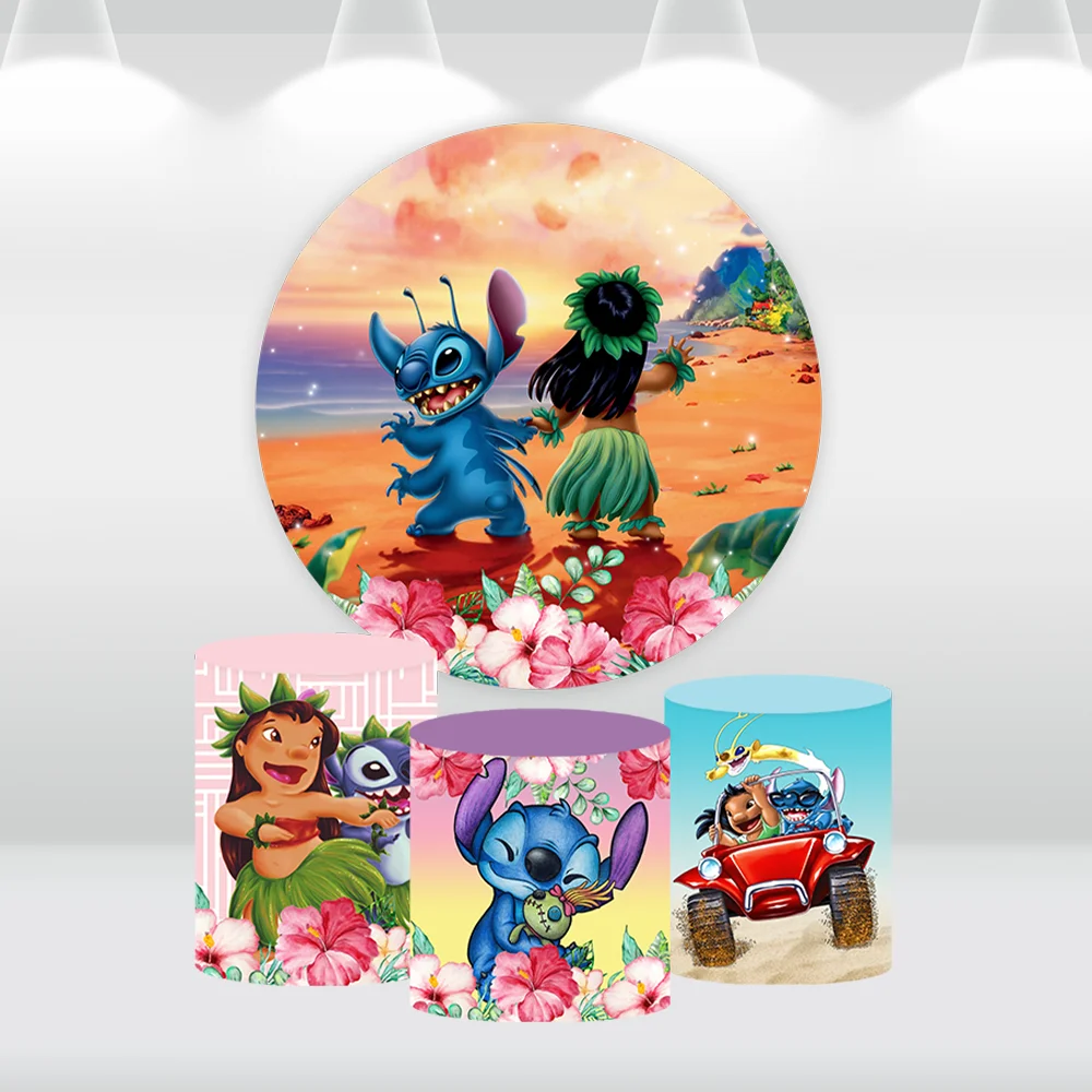Lilo & Stitch Fondo redondo para fiesta de cumpleaños, decoración, pancarta circular, fondo para niña, niño, Baby Shower, soporte para pastel, cubierta de zócalo
