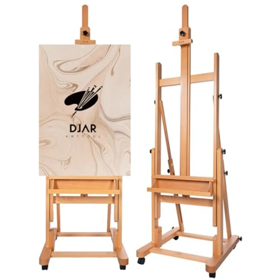 

H-образный мольберт для рисования с регулировкой высоты и наклона, очень большой, из массива бука, для художников, подходит для холстов до 82 дюймов, передвижной