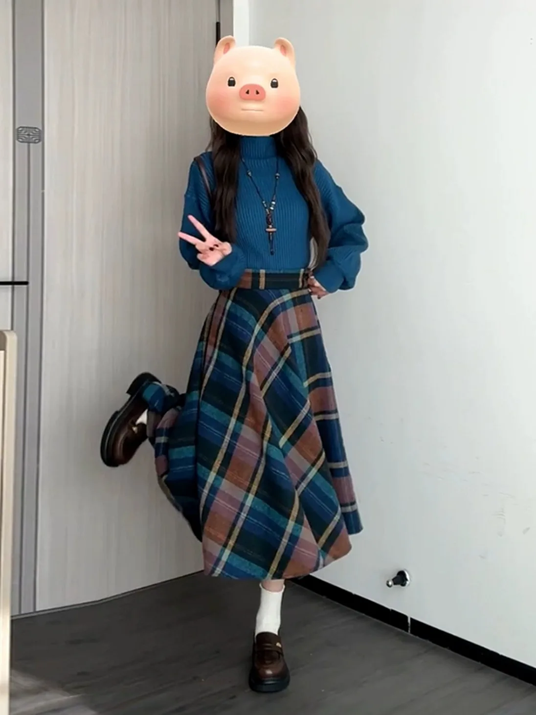 

Blue Knitted Sweater And Plaid Skirt Autumn Winter Casual Fashion Set for Women plus Size Comfortable High Waist Trousers