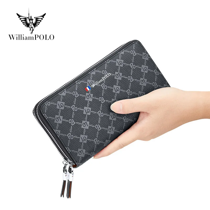 WILLIAMPOLO Luxury Business Commute Wallet For Men Letter Printing Clutch Bag Large Capacity Double Zipper Cardholder Men Wallet