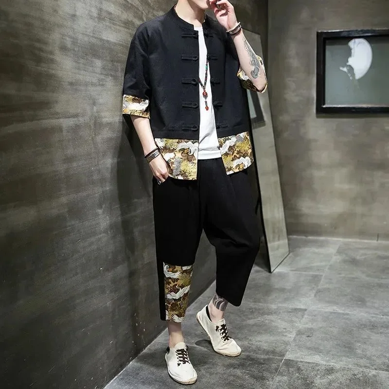 Tang suit retro men's summer leisure suit comfortable high-quality fashion with a sense of high-class handsome national sty