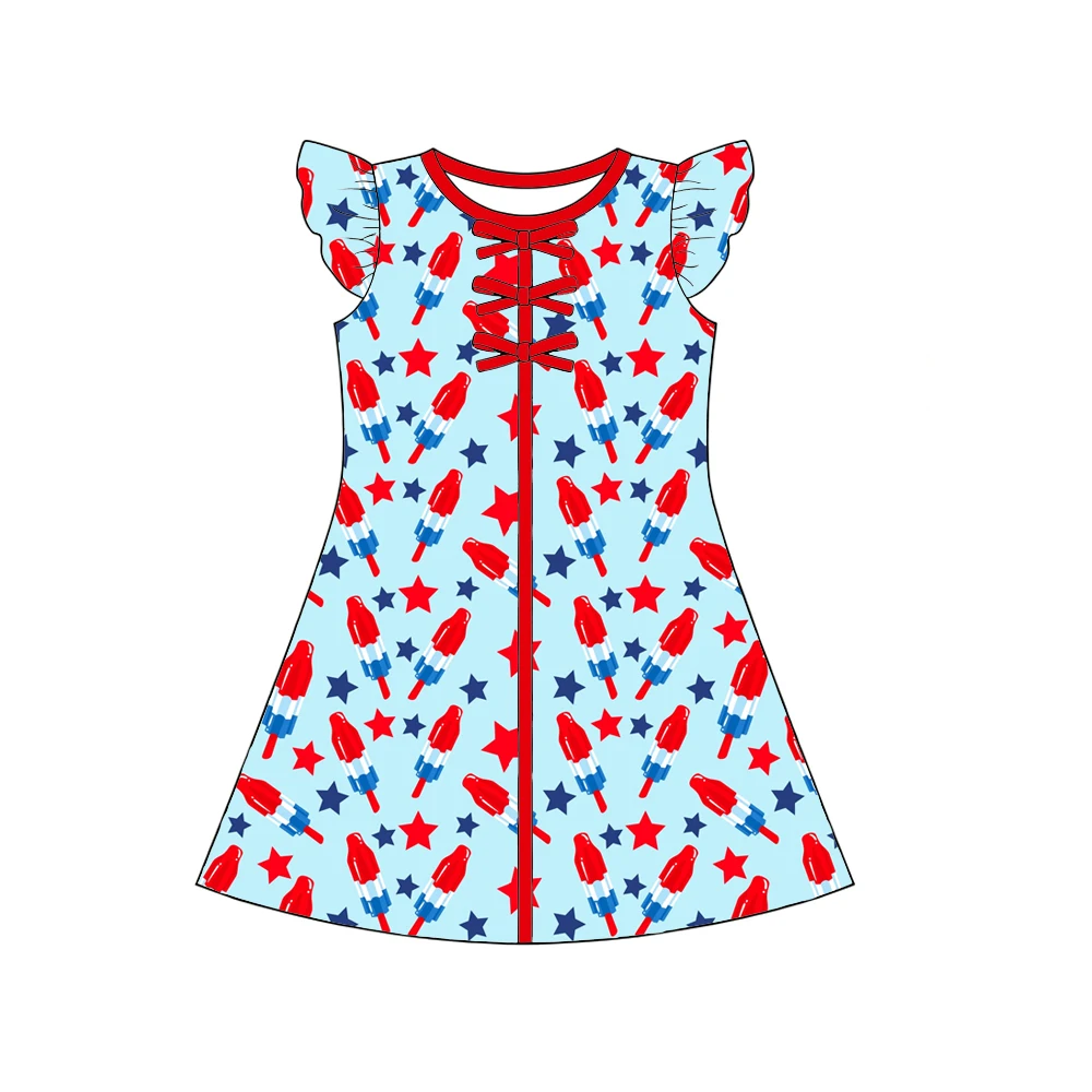 Boutique children's dresses round neck ruffled bow-decorated long dress July 4th Independence Day prints wholesale