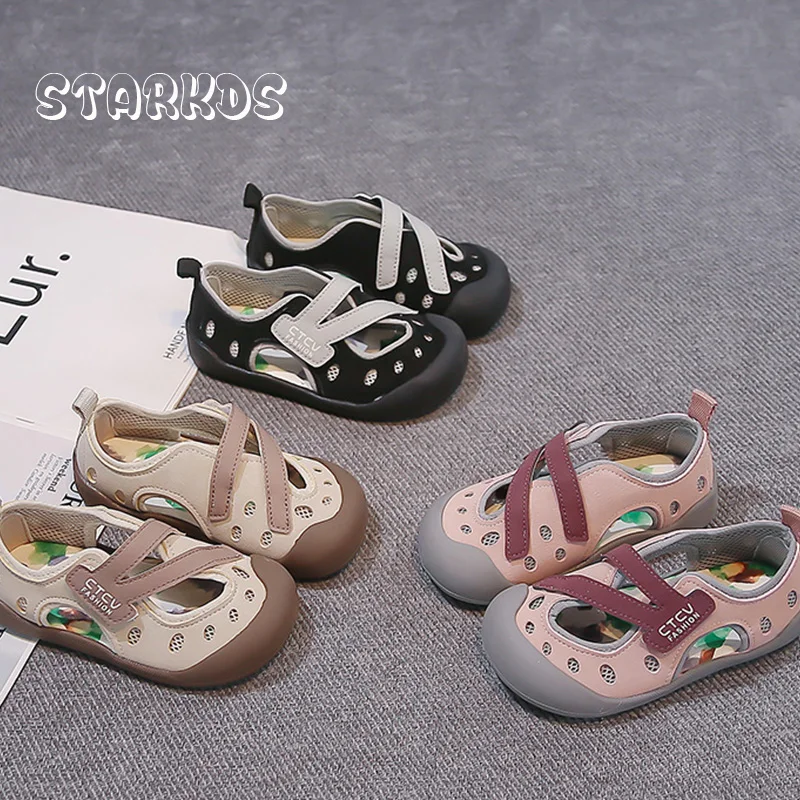 Leather Mesh Mix Sandals Kid Summer Hollow Out Net Shoes Boy Girl Anti-Slip Beach Sandalias Printed Slip-on Flat Zapato