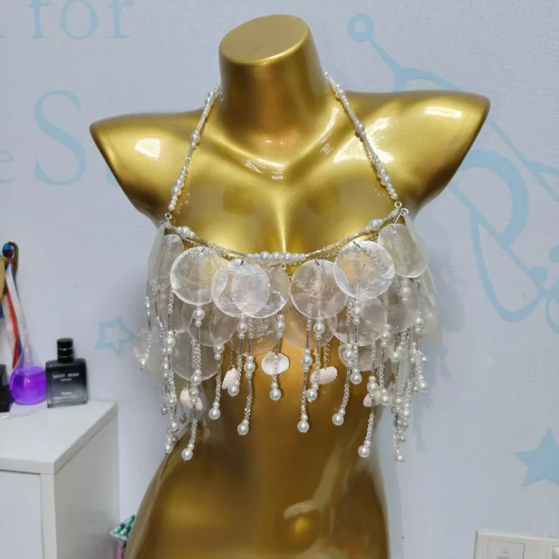 Handgefertigtes Funkelndes Meeresfeen-Top-Kostüm für Frauen, Bauchtanz-Outfit mit Grünen und Roten Perlen, Pailletten-Besetztes Oberteil, Rave-Outfit, Perlen-BH-Oberteil – Detail 15