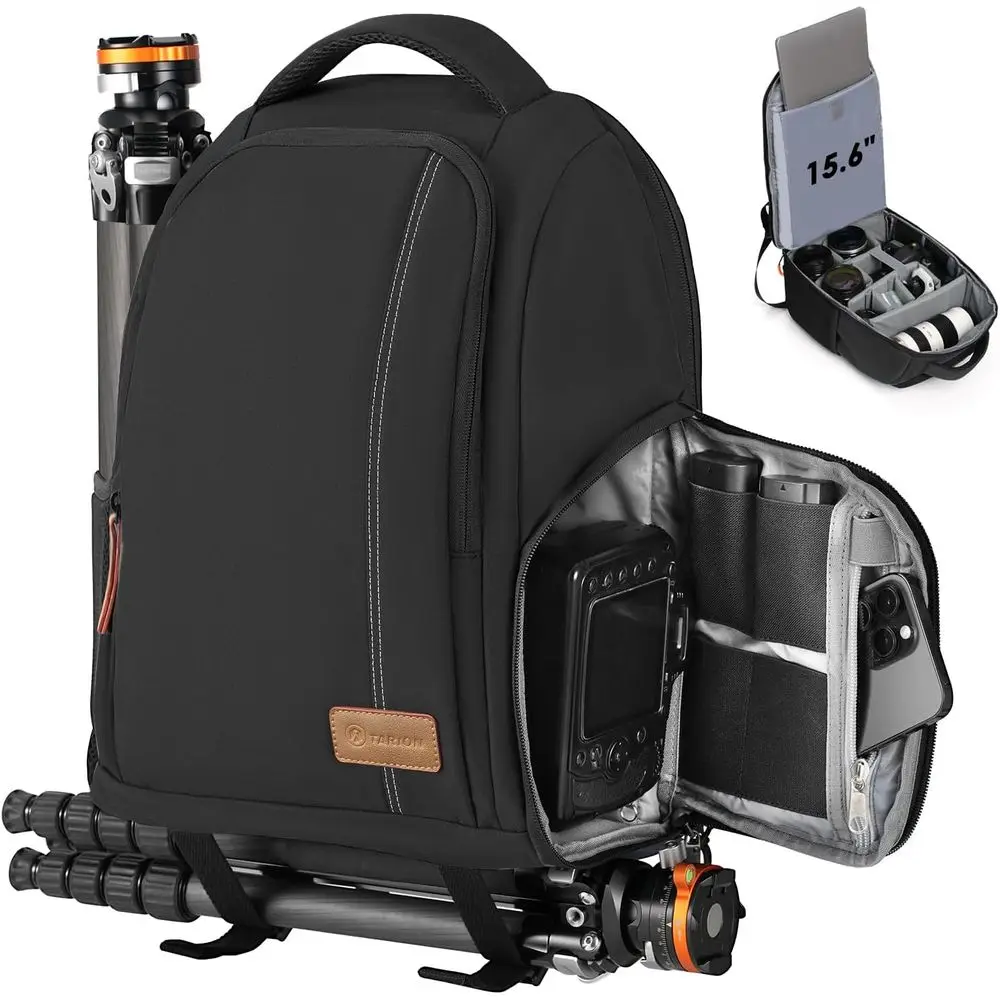

Compact Camera Bag with 15 Laptop Compartment, Side Tripod Holder, Rain Cover - Black