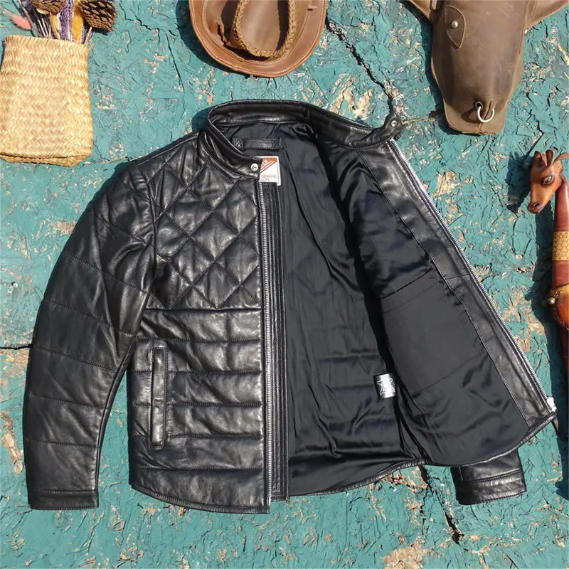 Men Slim Stand Collar Genuine Sheepskin Leather Jacket, Diamond Stitch Quilted Padded Warm Coldproof Top Grain Sheep Outerwear