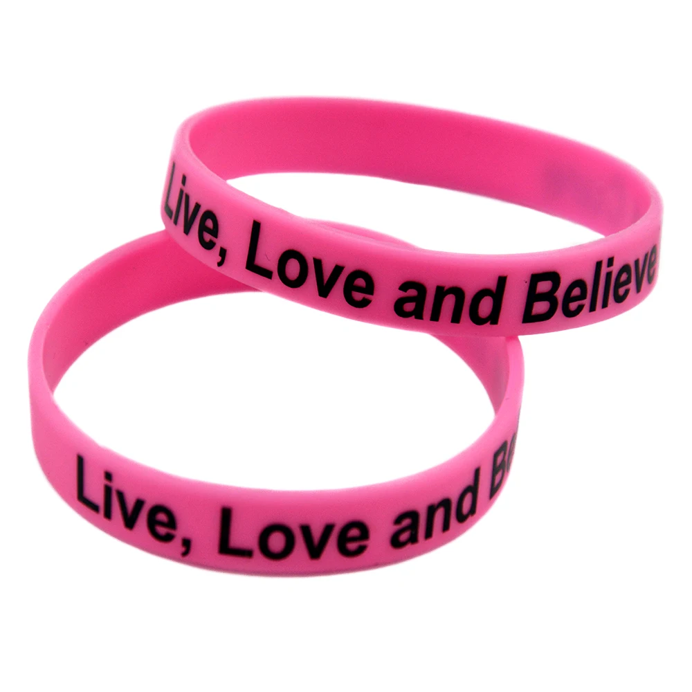 50 Pcs Printed Live Love and Believe in a Cure Silicone Bracelet Inspiratio Wristband Pink