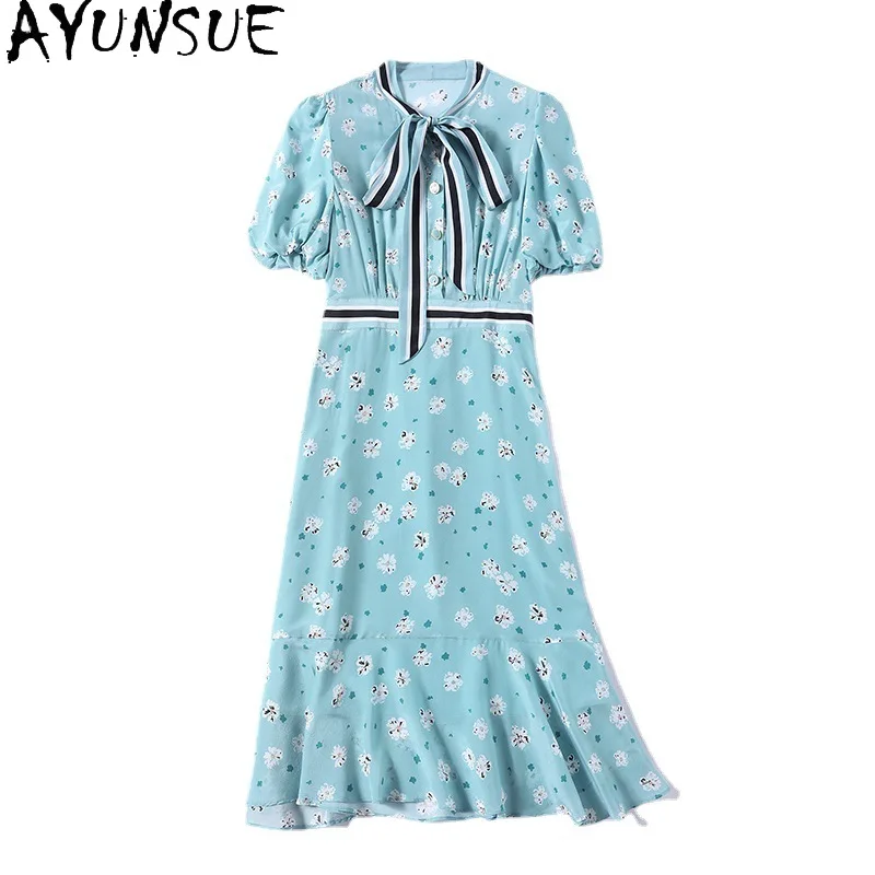 AYUNSUE 100% Mulberry Silk Dress for Women Clothing Elegant Women's Dresses Fashion Summer Dress 2024 Waist Vestidos De Mujer